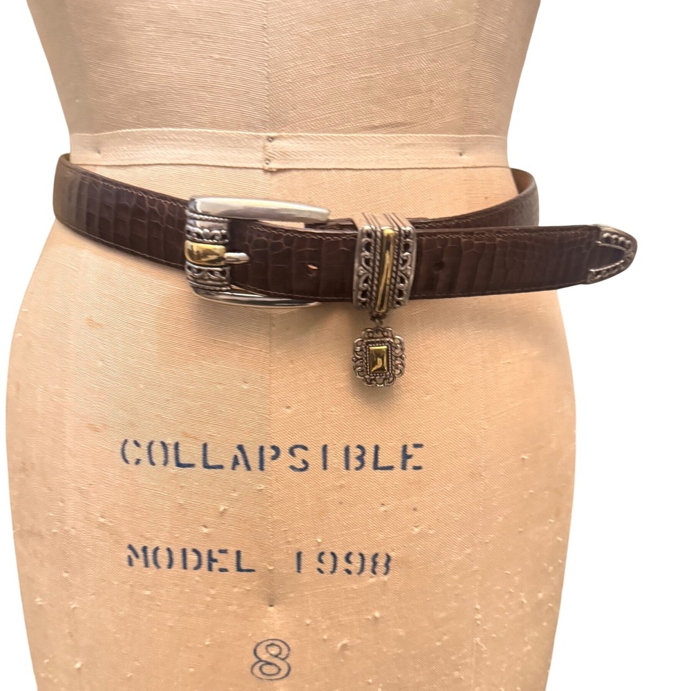 Brighton Brown Croc Leather Belt Two Tone Silver Gold Charm 40398 Womens 30